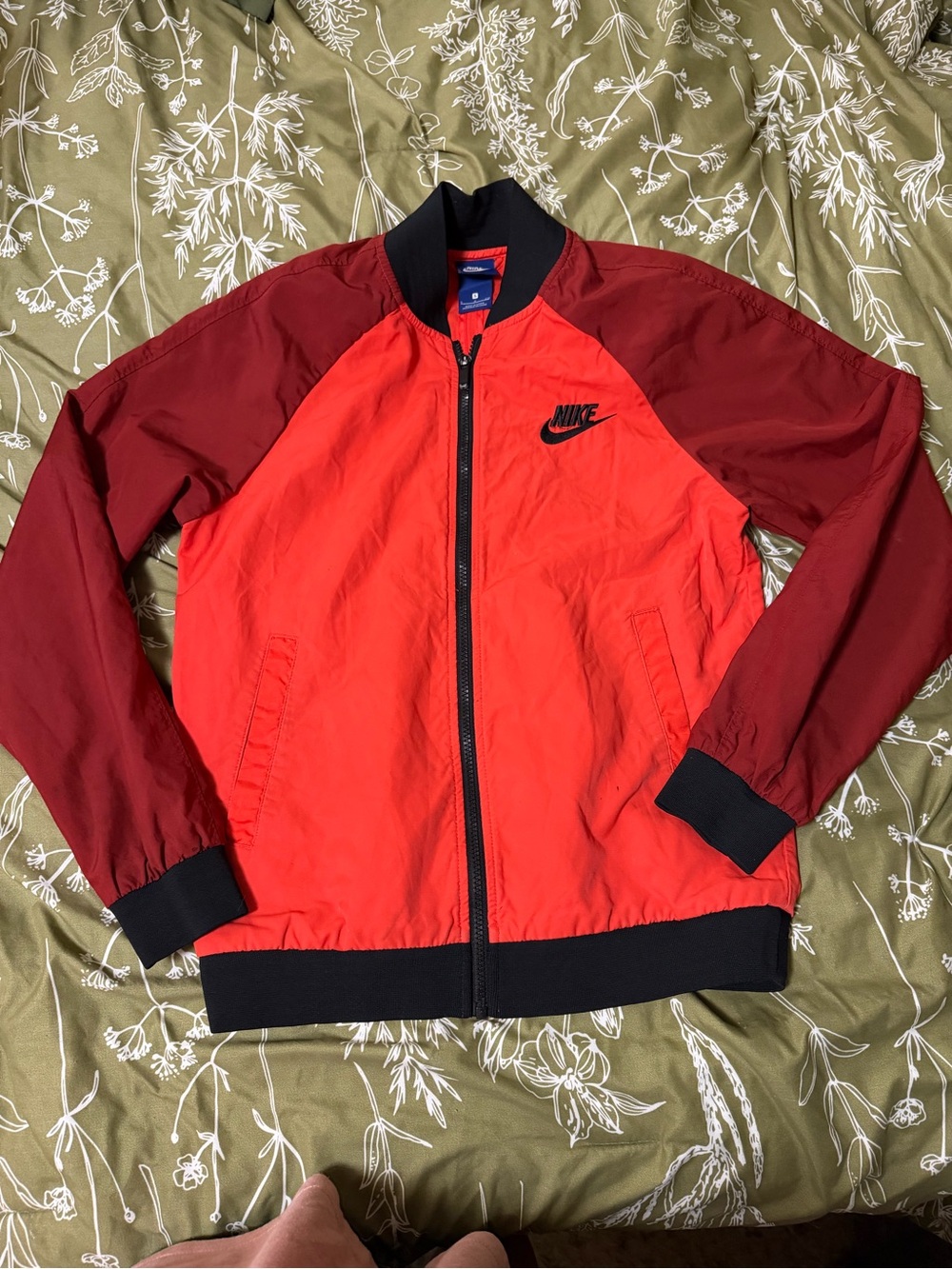 Nike Men’s Red and Maroon Bomber Jacket with Black Trim